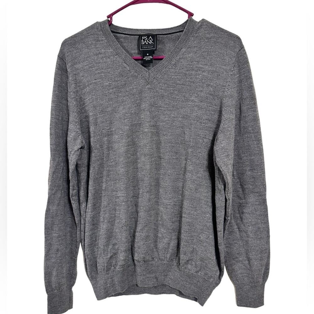 Jos. A. Bank Traveler 100% Merino Wool Gray Medium Men's V Neck Sweater